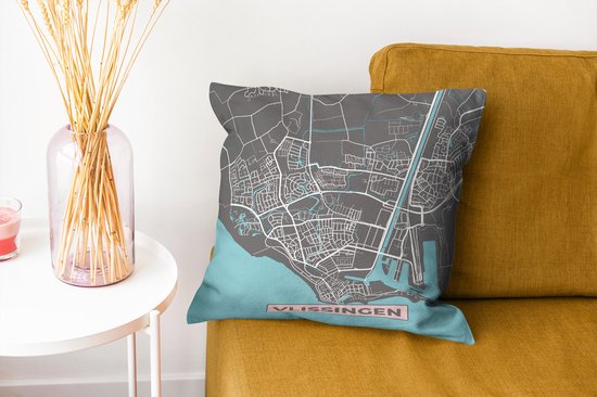 Coussins décoratifs - Oreillers de salon - 40x40 cm - Plan d'étage - Vlissingen - Grijs - Blauw - Plan de la ville