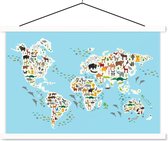 Wereldkaart met dieren voor kinderen schoolplaat platte latten wit 150x100 cm - Foto print op textielposter (wanddecoratie woonkamer/slaapkamer)
