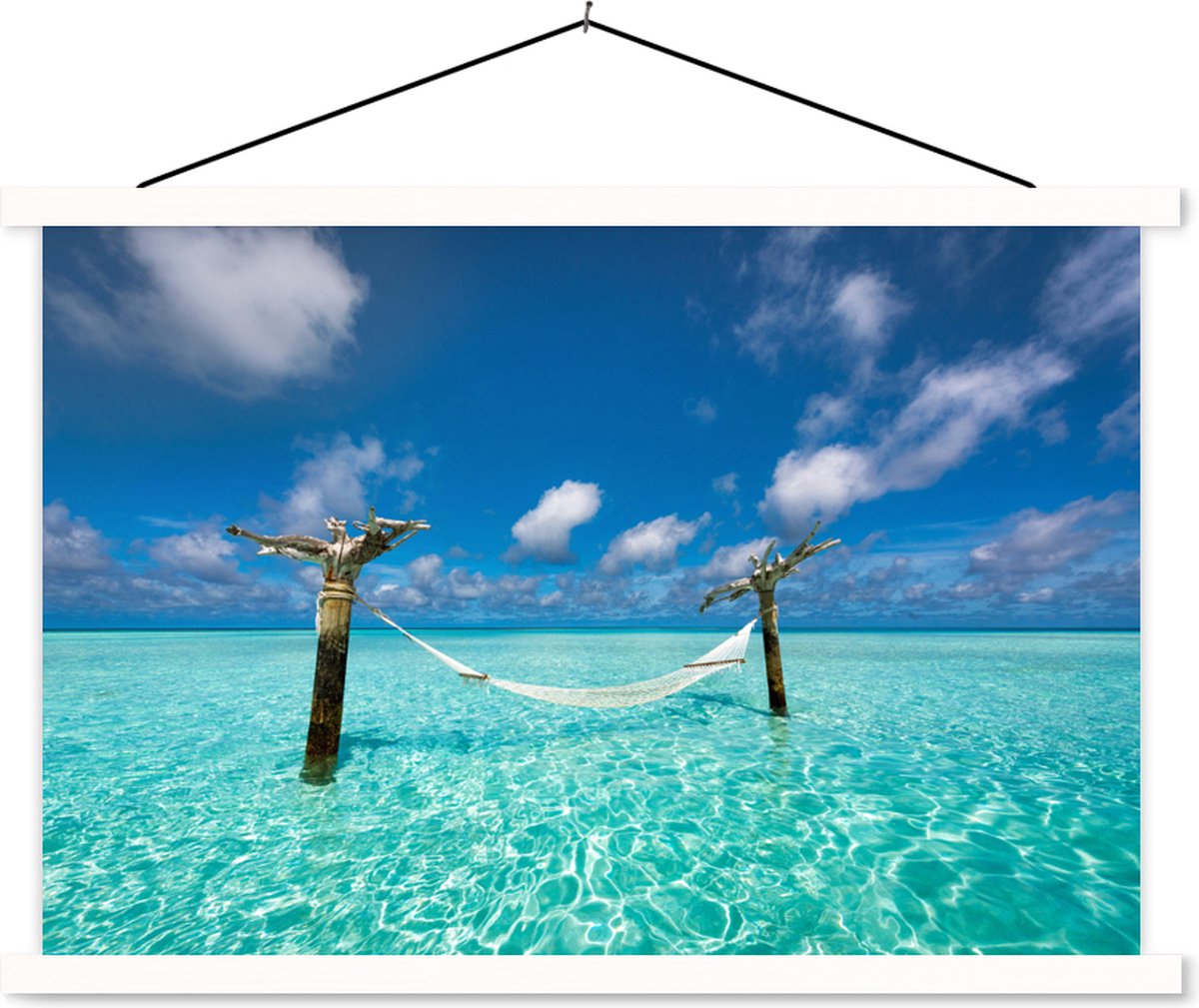 Schoolplaat - Zee - Hangmat - Lucht - 150x100 cm - Textielposter Witte latten - Textiel poster