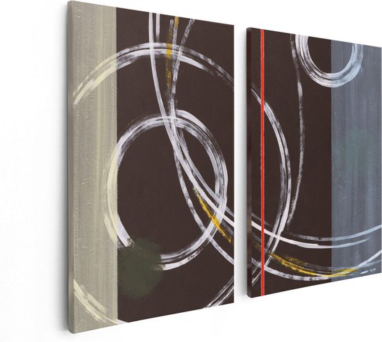 Artaza Canvas Schilderij Tweeluik Abstracte Cirkels met een Rode Lijn - 80x60 - Foto Op Canvas - Canvas Print