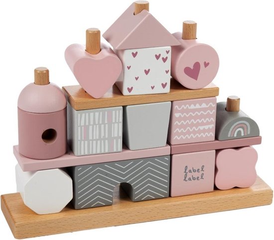 Foto: Label label wooden stacking blocks stapelblokken huisje pink roze