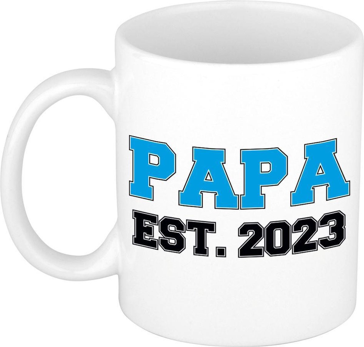 Papa est 2023 mok / beker wit met blauwe letters 300 ml - aanstaande vader cadeau mok