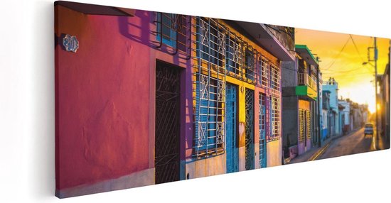 Artaza Canvas Schilderij Cuba Kleurrijke Huisjes bij Zonsondergang - 60x20 - Foto Op Canvas - Canvas Print