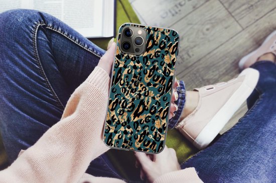 Coque iPhone 13 Pro - Imprimé panthère - Zwart - Marron - Turquoise - Siliconen
