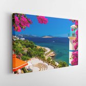 Canvas schilderij - Bougainvillea frames a view across a bay in Ortakent near Bodrum, Turkey -     1221750502 - 40*30 Horizontal