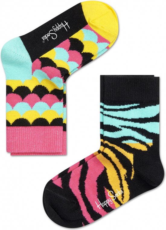 2-Pack Happy Socks Kids Animal Sokken, Roze/Turquoise/Geel
