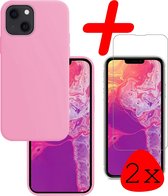 iPhone 13 Hoesje Siliconen Met 2x Screenprotector Tempered Glass - iPhone 13 Screen Protector 2x Beschermglas Full Screen Hoes Back Case - Licht Roze