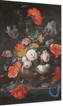 Stilleven met bloemen en een horloge, Abraham Mignon - Foto op Dibond - 60 x 90 cm