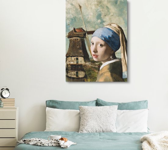 Canvas schilderij 120x160 cm - Wanddecoratie Meisje met de parel - Johannes Vermeer - Molen - Muurdecoratie woonkamer - Slaapkamer decoratie - Kamer accessoires - Schilderijen