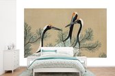 Behang - Fotobehang Kraanvogel - Bladeren - Vintage - Japans - Scandinavisch - Breedte 420 cm x hoogte 280 cm