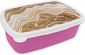 Broodtrommel Roze - Lunchbox - Brooddoos - Marmer - Bruin - Lijn - 18x12x6 cm - Kinderen - Meisje