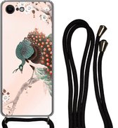 Hoesje met koord iPhone SE 2020 - Bloesem - Pauw - Veren - Japandi - Siliconen - Crossbody - Backcover met Koord - Telefoonhoesje met koord - Hoesje met touw