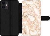 Bookcase Geschikt voor iPhone 12 Mini telefoonhoesje - Marmer print - Oranje - Bellen - Met vakjes - Wallet case met magneetsluiting