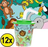 Decopatent® 12 STUKS WILDE DIEREN 3D Drink Beker met Rietje en Deksel - 250ML - Jungle Plastic Bekers - Kinderfeestje - Kinderverjaardag Bekertjes - Traktatie - Uitdeelcadeaus