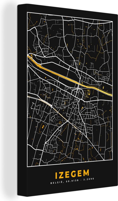 Canvas Schilderij Plattegrond - Stadskaart - Izegem - Goud - Kaart - 20x30 cm - Wanddecoratie