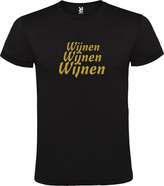 Zwart  T shirt met  print van "Wijnen Wijnen Wijnen " print Goud size XL