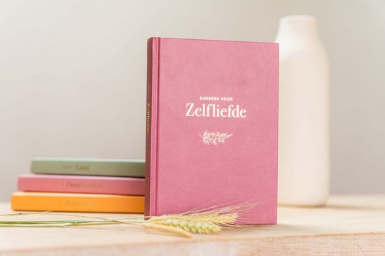 Roze dagboek 'Dagboek voor Zelfliefde' met stapeltje gekleurde dagboeken ernaast.