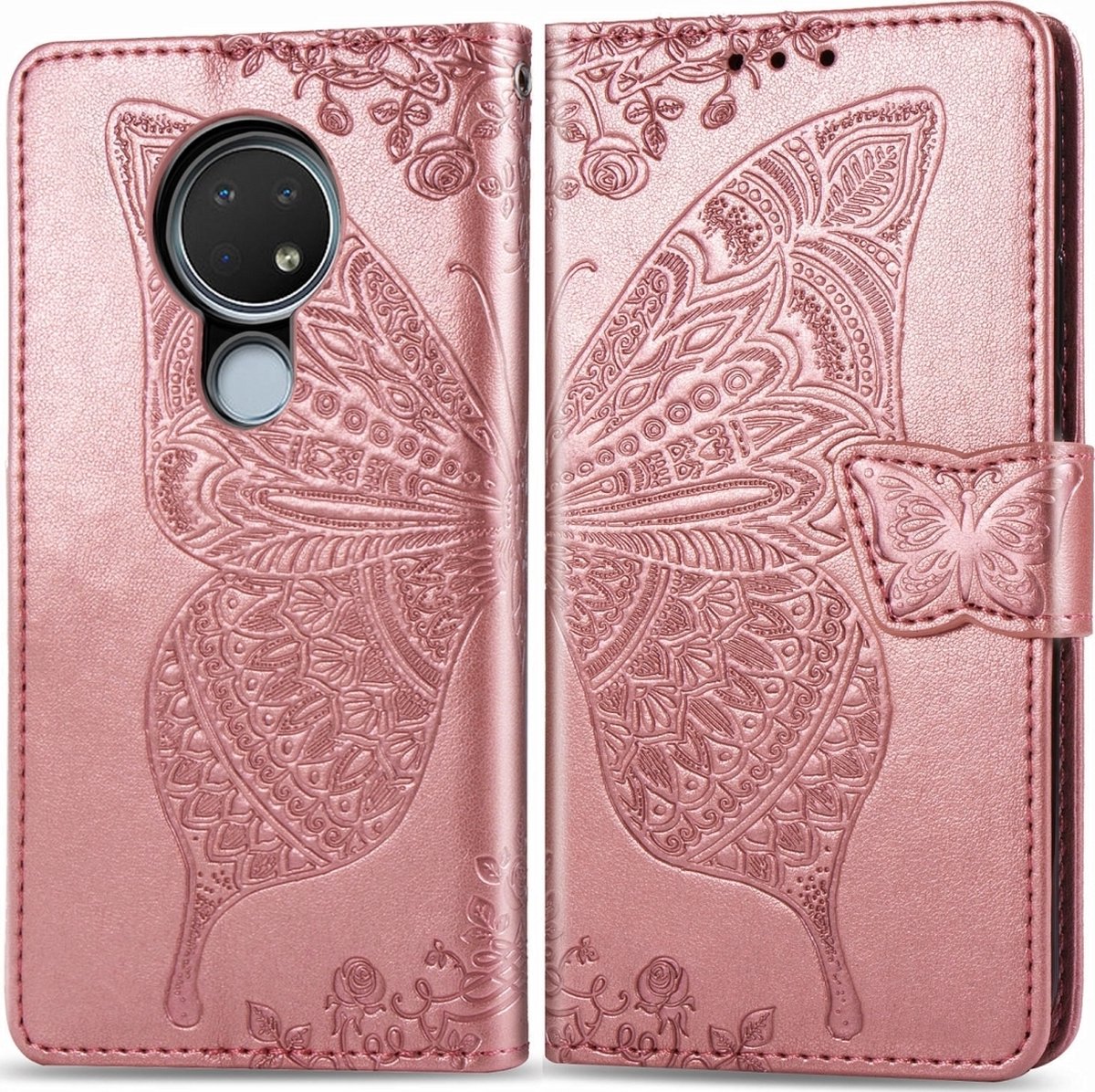 Mobigear Telefoonhoesje geschikt voor Nokia 7.2 Hoesje | Mobigear Butterfly Bookcase Portemonnee | Pasjeshouder voor 3 Pasjes | Telefoonhoesje voor Pinpas / OV Kaart / Rijbewijs - Roségoud