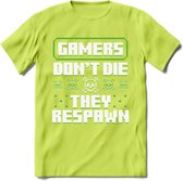 Gamers don't die pixel T-shirt | Groen | Gaming kleding | Grappig game verjaardag cadeau shirt Heren – Dames – Unisex | - Groen - L