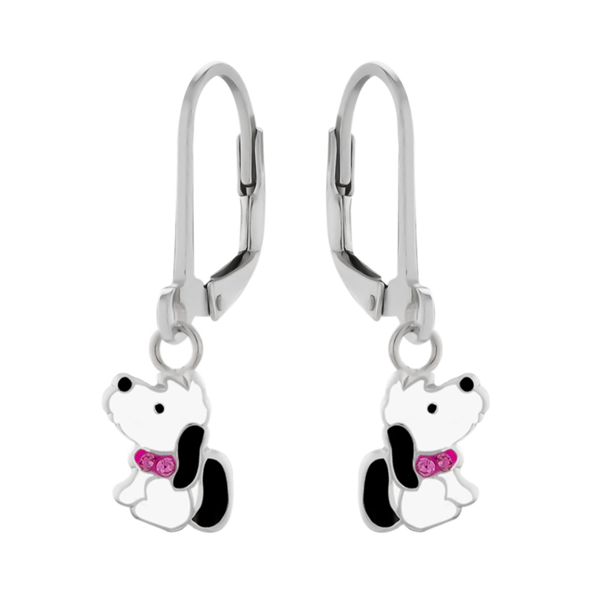 Zilveren oorhangers - hondje - roze kristallen - kindvriendelijk