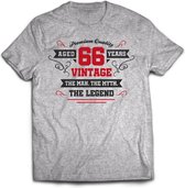 66 Jaar Legend - Feest kado T-Shirt Heren / Dames - Antraciet Grijs / Rood - Perfect Verjaardag Cadeau Shirt - grappige Spreuken, Zinnen en Teksten. Maat XXL