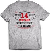 14 Jaar Legend - Feest kado T-Shirt Heren / Dames - Antraciet Grijs / Rood - Perfect Verjaardag Cadeau Shirt - grappige Spreuken, Zinnen en Teksten. Maat M