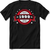 1999 Premium Quality | Feest Kado T-Shirt Heren - Dames | Rood - Wit | Perfect Verjaardag Cadeau Shirt | Grappige Spreuken - Zinnen - Teksten | Maat L