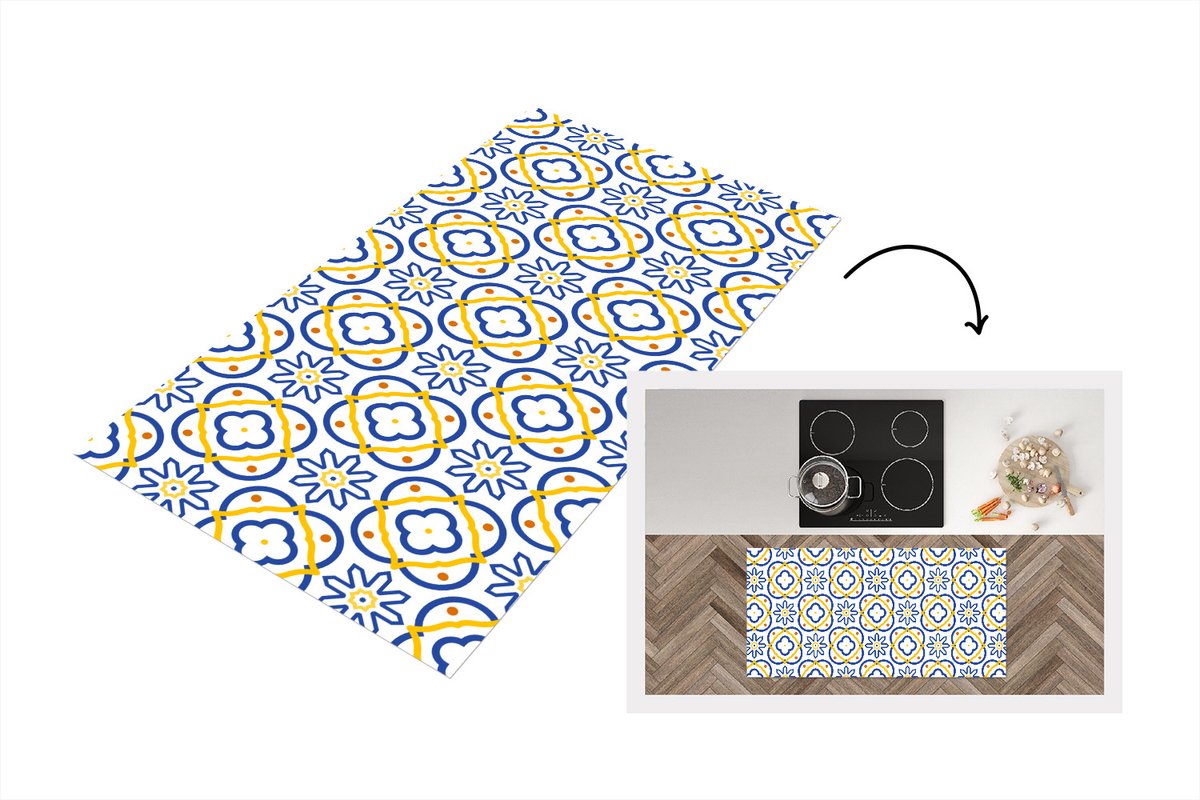 KitchenYeah Keukenloper - Loper keuken - Bloem - Blauw - Geel - Tegels - Patronen - 120x60 cm - Keukenloper vinyl Multicolor