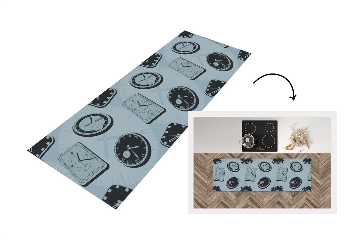 KitchenYeah Keukenloper - Loper keuken - Klok - Patronen - Vintage - 150x50 cm - Keukenloper vinyl Multicolor