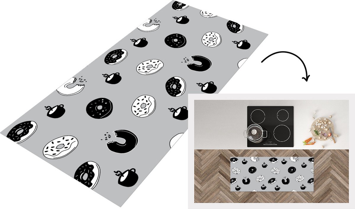 KitchenYeah Keukenloper - Loper keuken - Donut - Patronen - Koffie - Zwart Wit - Keukenloper vinyl Zwart; Wit