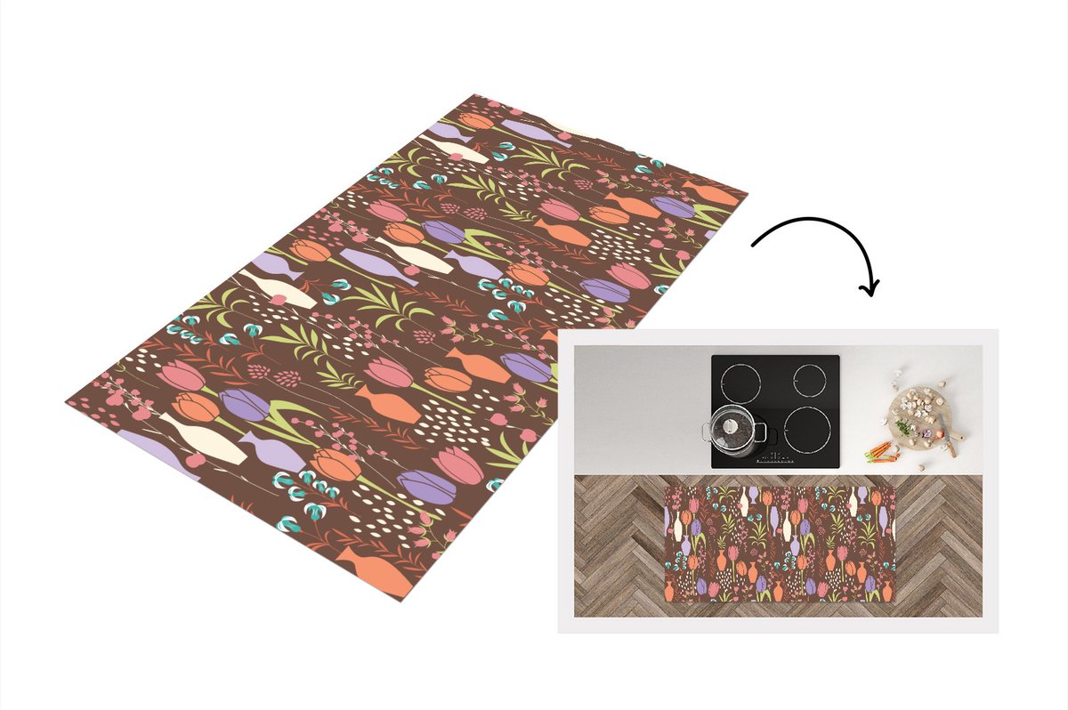 KitchenYeah Keukenloper - Loper keuken - Bloemen - Vaas - Patronen - 120x60 cm - Keukenloper vinyl Multicolor