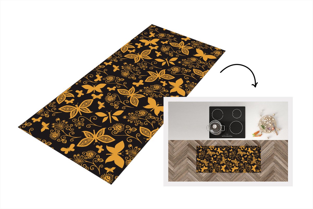 KitchenYeah Keukenloper - Loper keuken - Bloemen - Vlinder - Goud - Patroon - 120x50 cm - Keukenloper vinyl Multicolor
