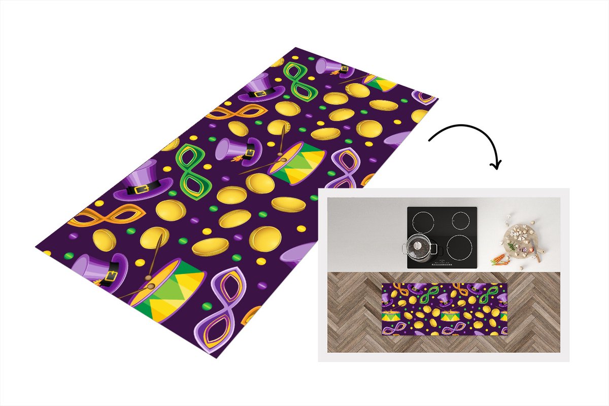 KitchenYeah Keukenloper - Loper keuken - Carnaval - Feest - Paars - Patronen - Keukenloper vinyl Multicolor