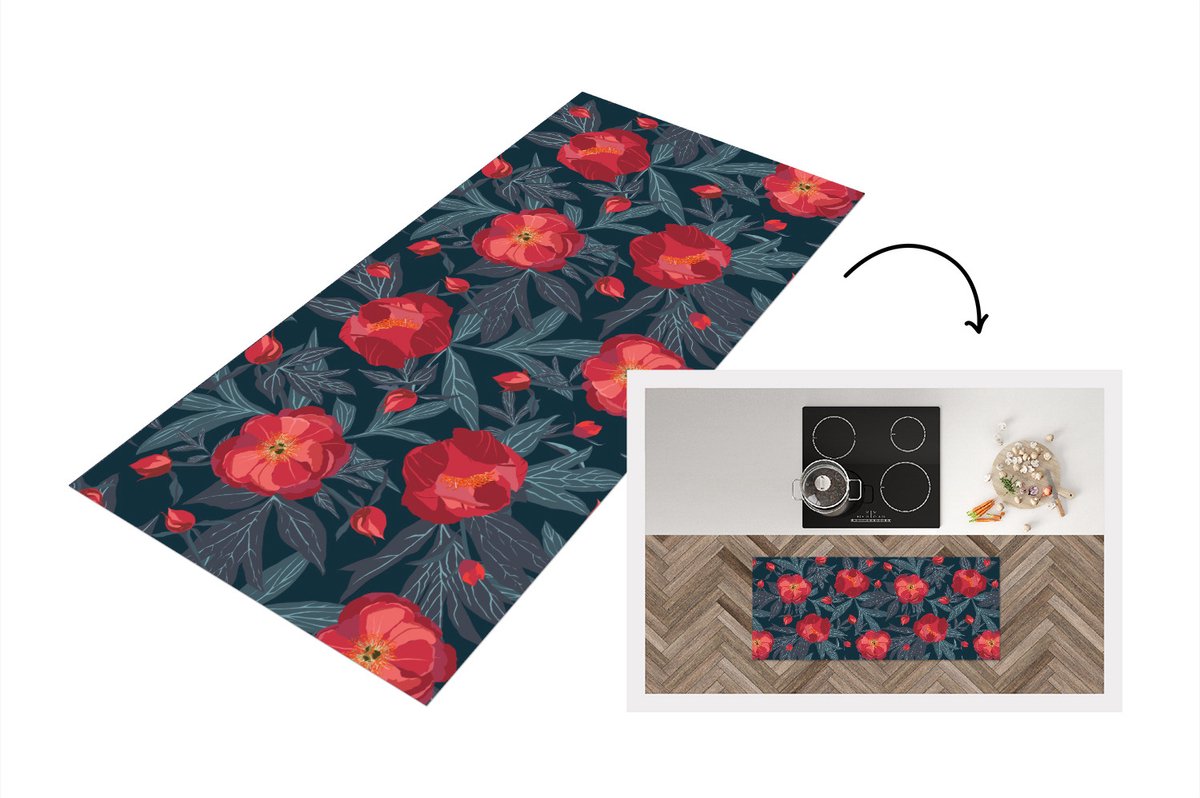 KitchenYeah Keukenloper - Loper keuken - Bloemen - Rood - Bladeren - Patronen - Keukenloper vinyl Multicolor