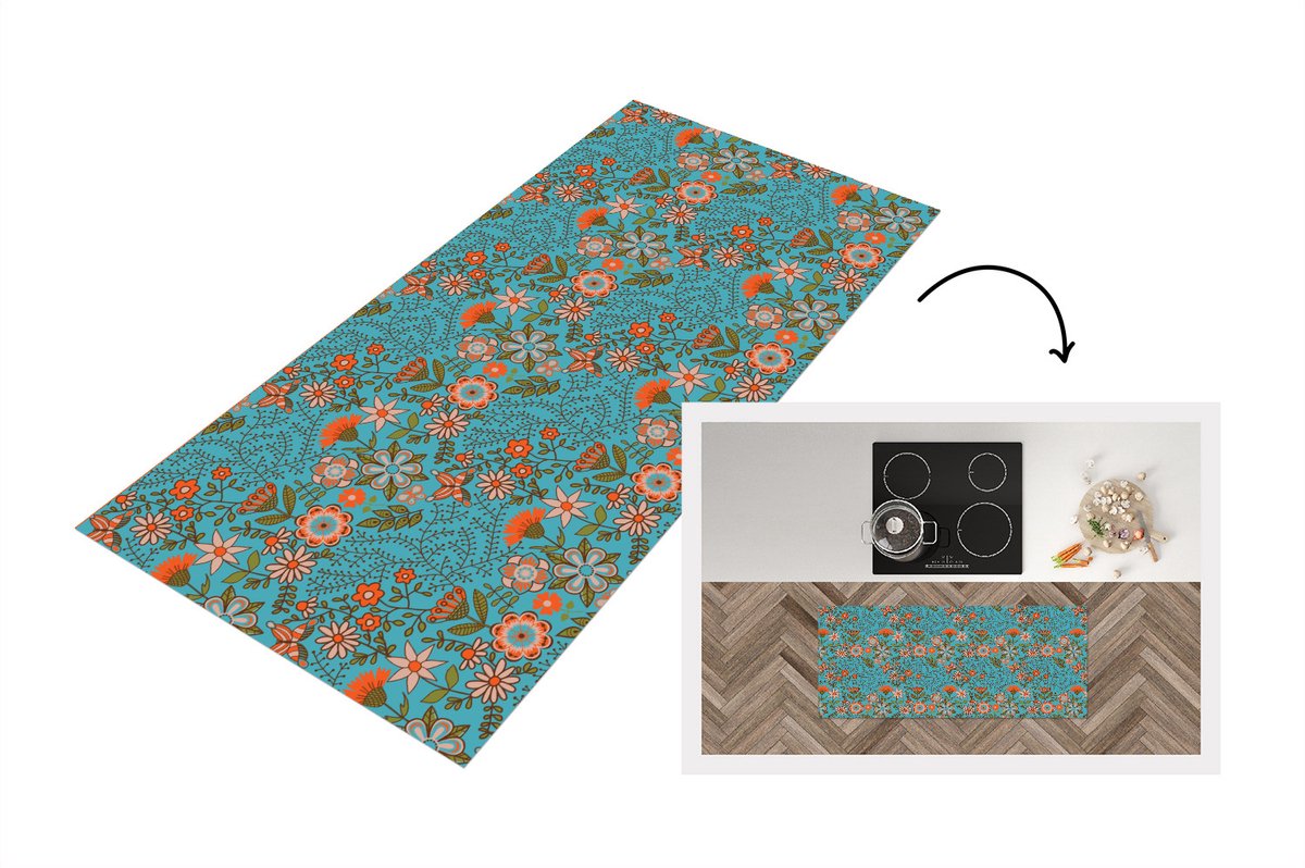KitchenYeah Keukenloper - Loper keuken - Bohemian - Bloemen - Oranje - Retro - Design - 120x50 cm - Keukenloper vinyl Multicolor