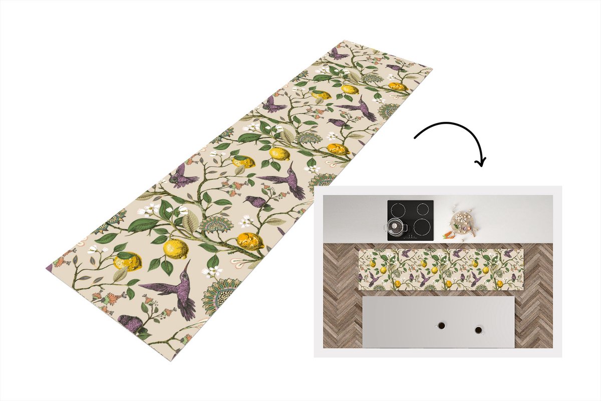KitchenYeah Keukenloper - Loper keuken - Patroon - Vogel - Planten - Fruit - 200x50 cm - Keukenloper vinyl Multicolor