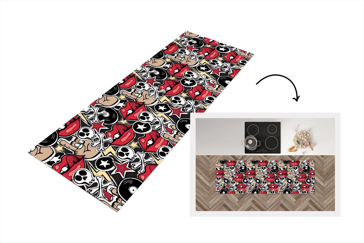 KitchenYeah Keukenloper - Loper keuken - Rock - Rock 'n roll - Patroon - Doodshoofd - Keukenloper vinyl multicolor, foto 4
