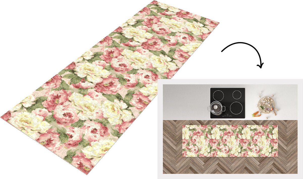 KitchenYeah Keukenloper - Loper keuken - Rozen - Vintage - Patronen - 150x50 cm - Keukenloper vinyl Multicolor