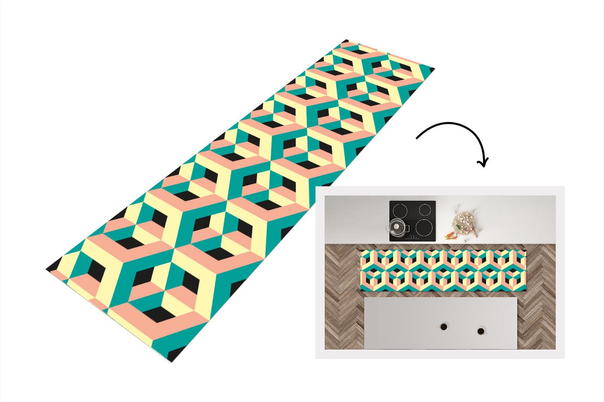 KitchenYeah Keukenloper - Loper keuken - 3D - Patronen - Kubus - 200x50 cm - Keukenloper vinyl Multicolor