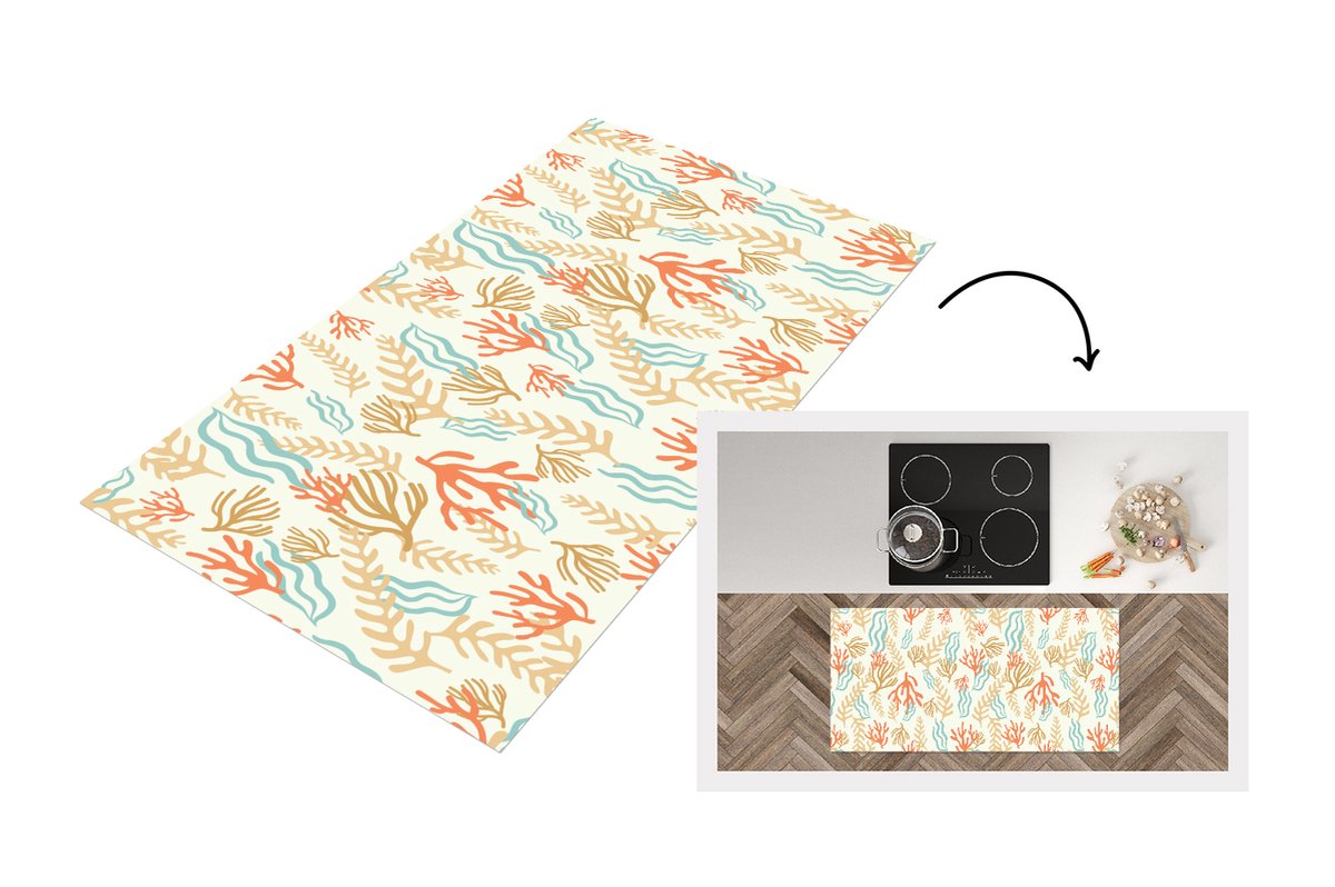 KitchenYeah Keukenloper - Loper keuken - Patronen - Strand - Zee - Waterplanten - 120x60 cm - Keukenloper vinyl Multicolor