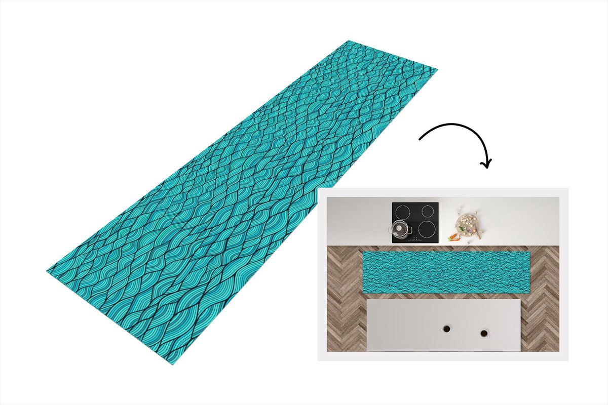 KitchenYeah Keukenloper - Loper keuken - Zee - Japan - Blauw - Patronen - 240x60 cm - Keukenloper vinyl Multicolor