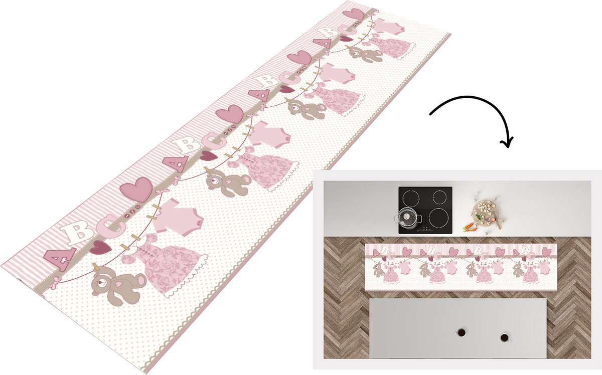 KitchenYeah Keukenloper - Loper keuken - Baby kleren - Meisje - Knuffelbeer - Waslijn - Design - 240x60 cm - Keukenloper vinyl Multicolor