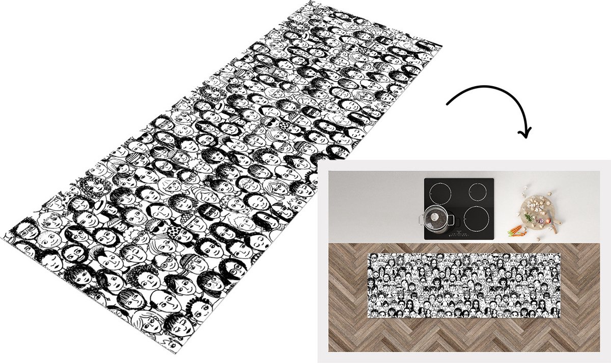 KitchenYeah Keukenloper - Loper keuken - Patronen - Gezicht - Zwart Wit - 180x60 cm - Keukenloper vinyl Zwart; Wit