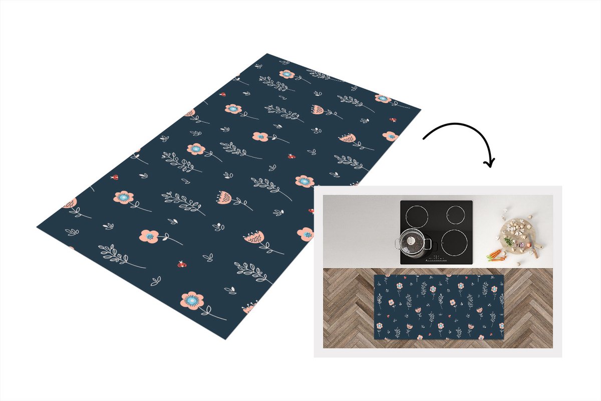 KitchenYeah Keukenloper - Loper keuken - Bloem - Insecten - Patronen - 120x60 cm - Keukenloper vinyl Multicolor