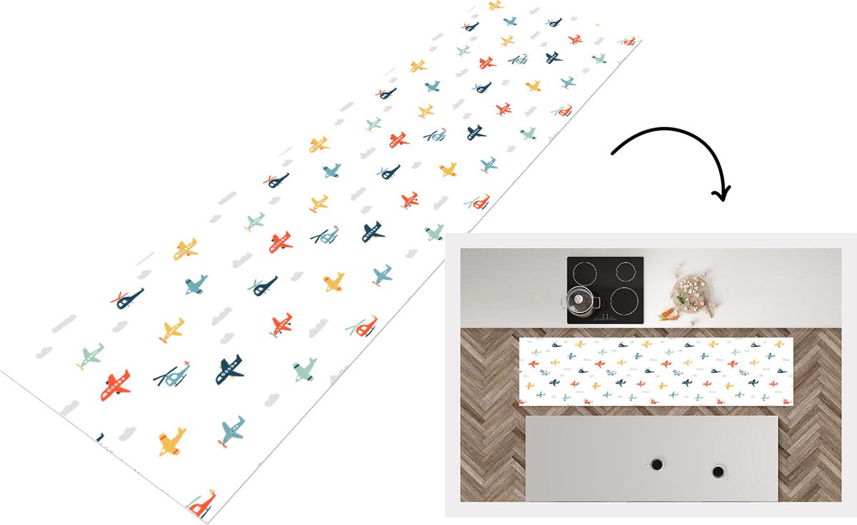 KitchenYeah Keukenloper - Loper keuken - Patronen - Helicopter - Vliegtuig - 240x60 cm - Keukenloper vinyl Multicolor