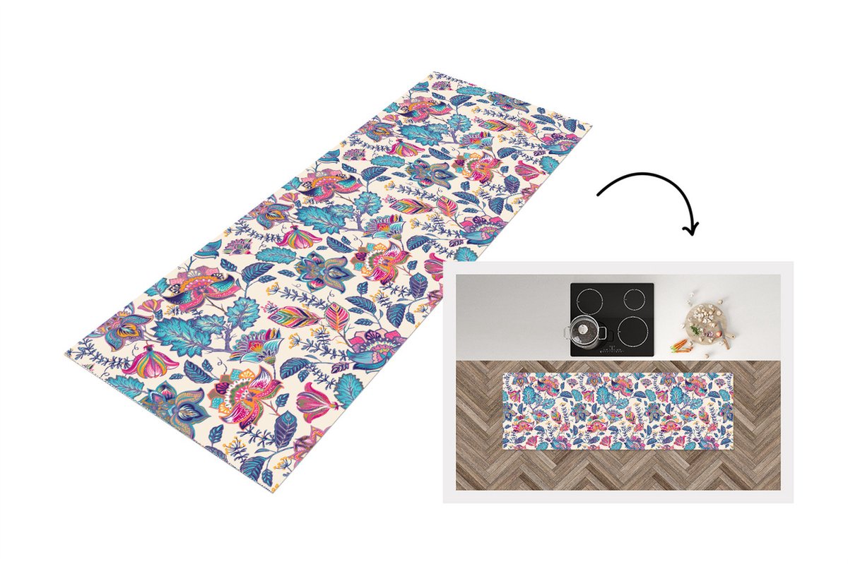 KitchenYeah Keukenloper - Loper keuken - Regenboog - Bloemen - Schets - Patronen - 150x50 cm - Keukenloper vinyl Multicolor