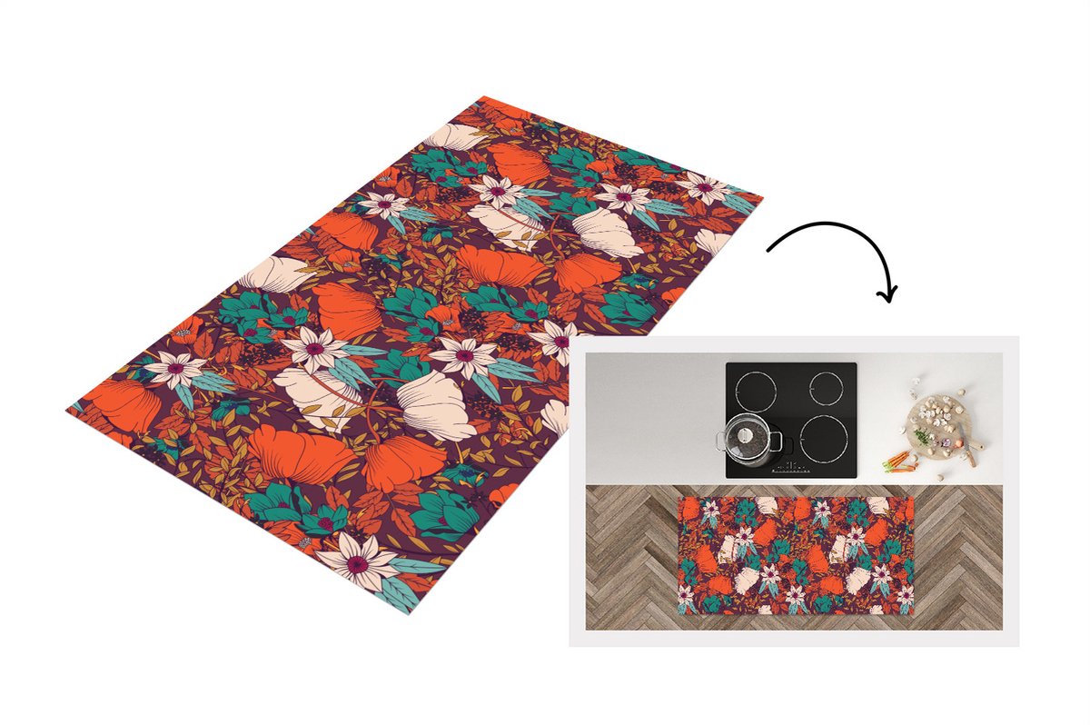 KitchenYeah Keukenloper - Loper keuken - Bloemen - Herfst - Patroon - 120x60 cm - Keukenloper vinyl Multicolor