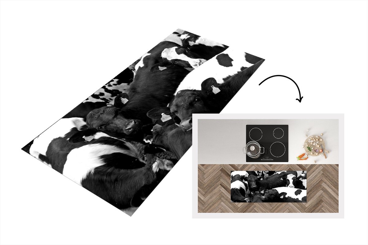 KitchenYeah Keukenloper - Loper keuken - Friese koeien dicht op elkaar - zwart wit - 120x50 cm - Keukenloper vinyl Multicolor