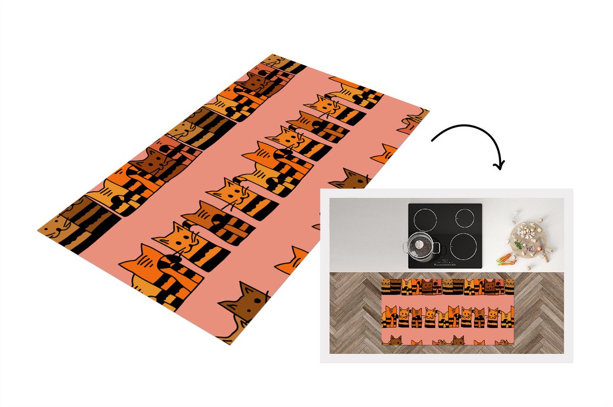 KitchenYeah Keukenloper - Loper keuken - Katten - Patronen - Dieren - Kinderen - 120x60 cm - Keukenloper vinyl Multicolor