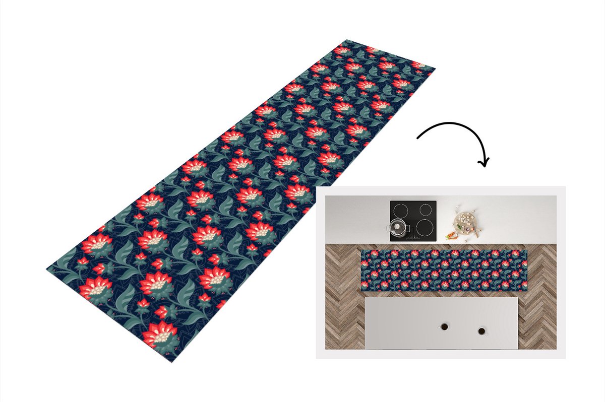 KitchenYeah Keukenloper - Loper keuken - Design - Bloemen - Rood - 200x50 cm - Keukenloper vinyl Multicolor